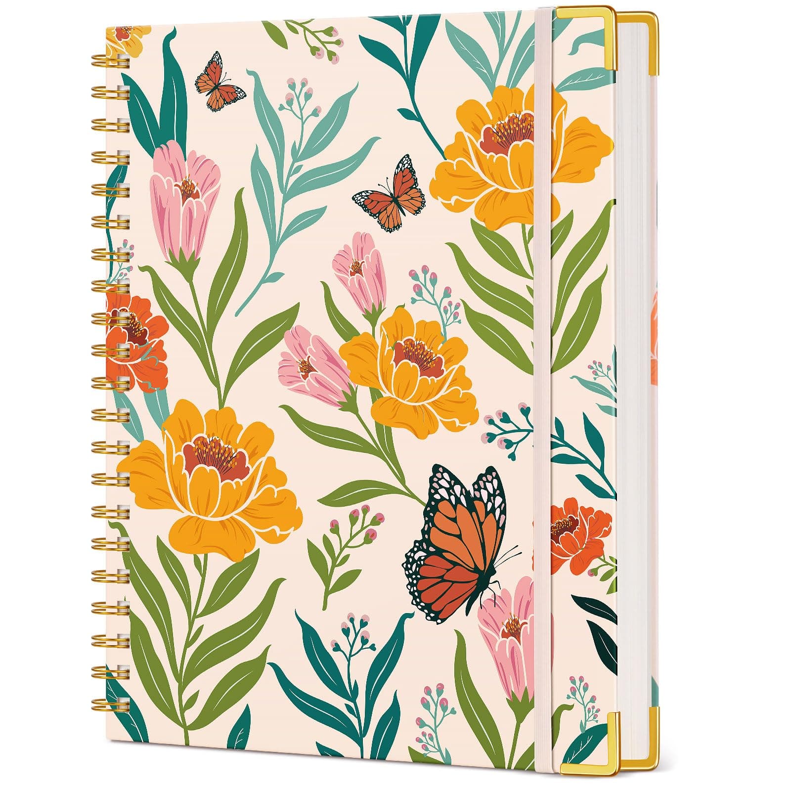 Cute Spiral Notebook Journal for Women, 200 Pages Lined Notebooks 8.5” x 11”, A4 Large Hardcover Spiral Journals with 100 GSM Thick Paper, College Ruled Notebook for Writing Work School, Orange Floral
