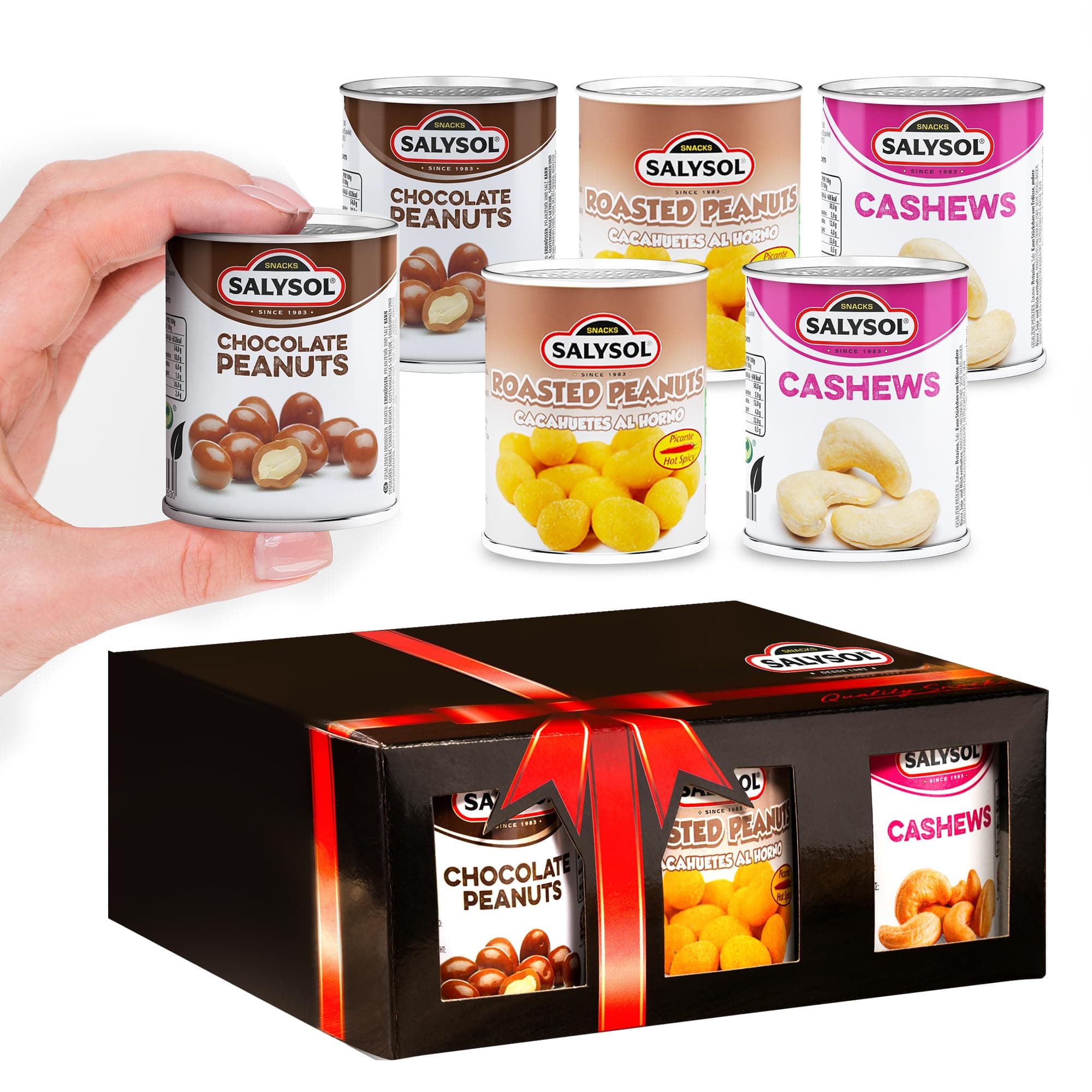 Salysol Snacks Nuts Chocolate Peanuts, Spicy Peanuts, Cashews 6 x 50g Cans - Chocolate Gift Box - Delicious Pure Natural Nuts - Thoughtful Gift Sets for Men and Women
