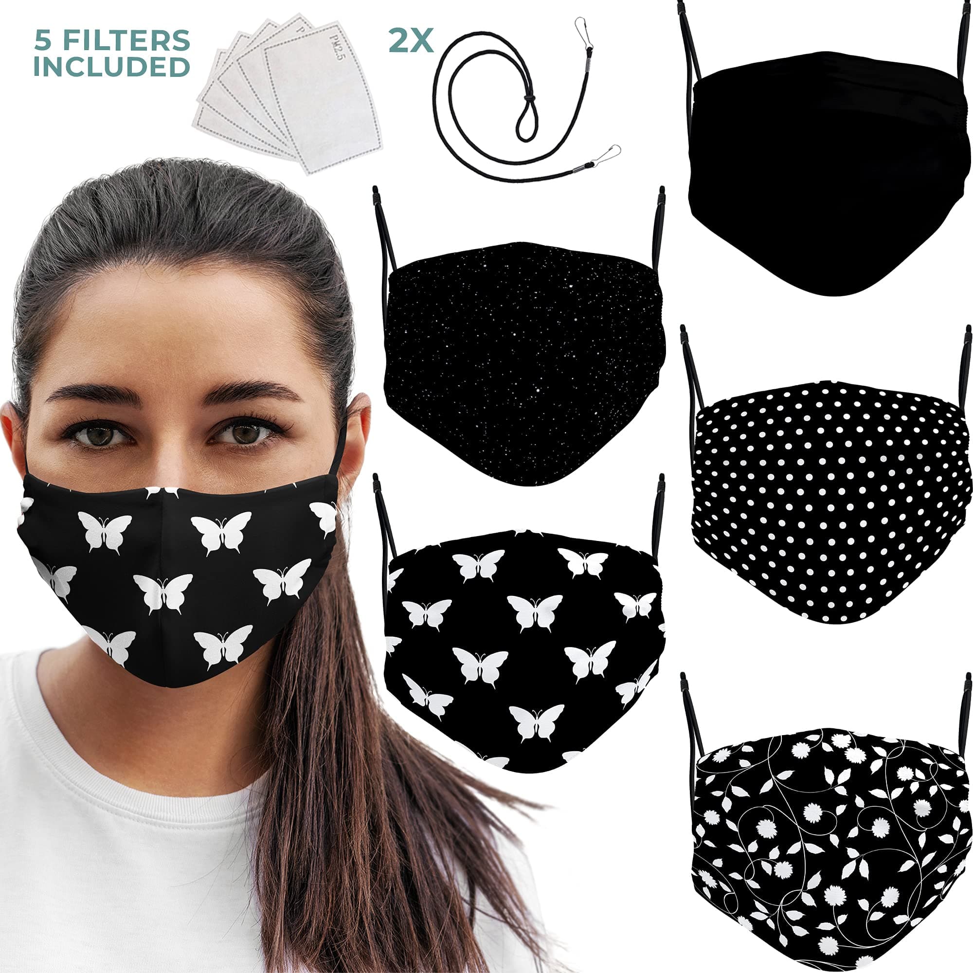 Premium Black Face Mask Set - Reusable Washable Adjustable Earloops - Breathable Face Masks With Nose Clip, and 2 Lanyards