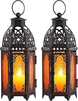DECORKEY Set of 2 Moroccan Lanterns Decorative Indoor & Outdoor, 11’’ Medium Size Vintage Metal Hanging&Tabletop Candle Holder Decor, Halloween Christmas Ramadan Decorations for Home (Amber)