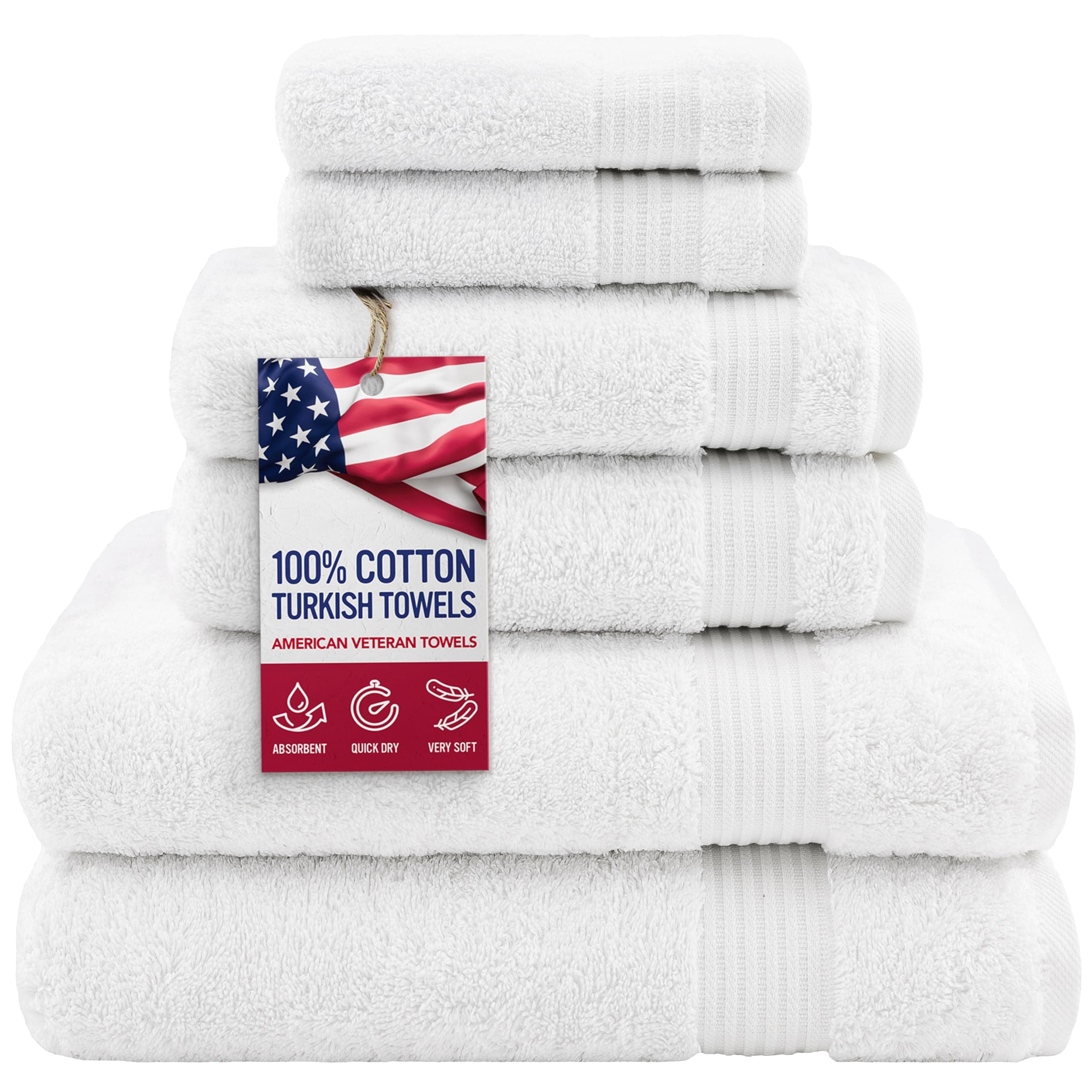 Hotel & Spa Quality Super Absorbent and Soft, Cotton, 6 Piece Turkish Towel Set for Kitchen and Decorative Bathroom, Includes 2 Bath Towels 2 Hand Towels 2 Washcloths, Snow White