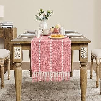ZeeMart Farmhouse Braided Striped Table Runner, Rustic Red Table Runners 90 Inches Long Boho Home Decor, Red 15x90 Inches