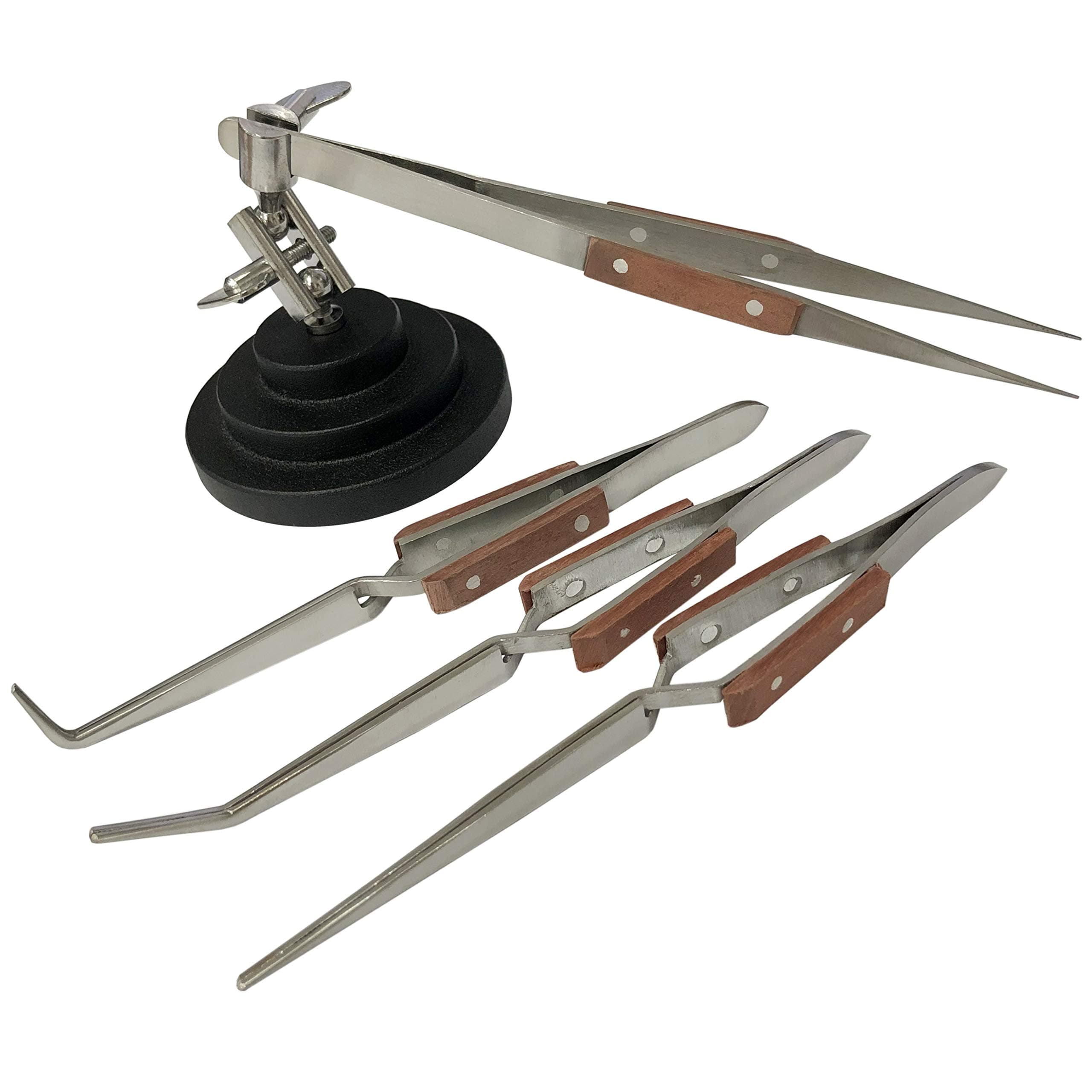 Jewellers Tools Adjustable 3rd Hand Base Vice & 4 Angled Tweezers Set - Fibre Material, Industrial Tweezers, Watch, Jewelry Making or Repairing, Soldering Work