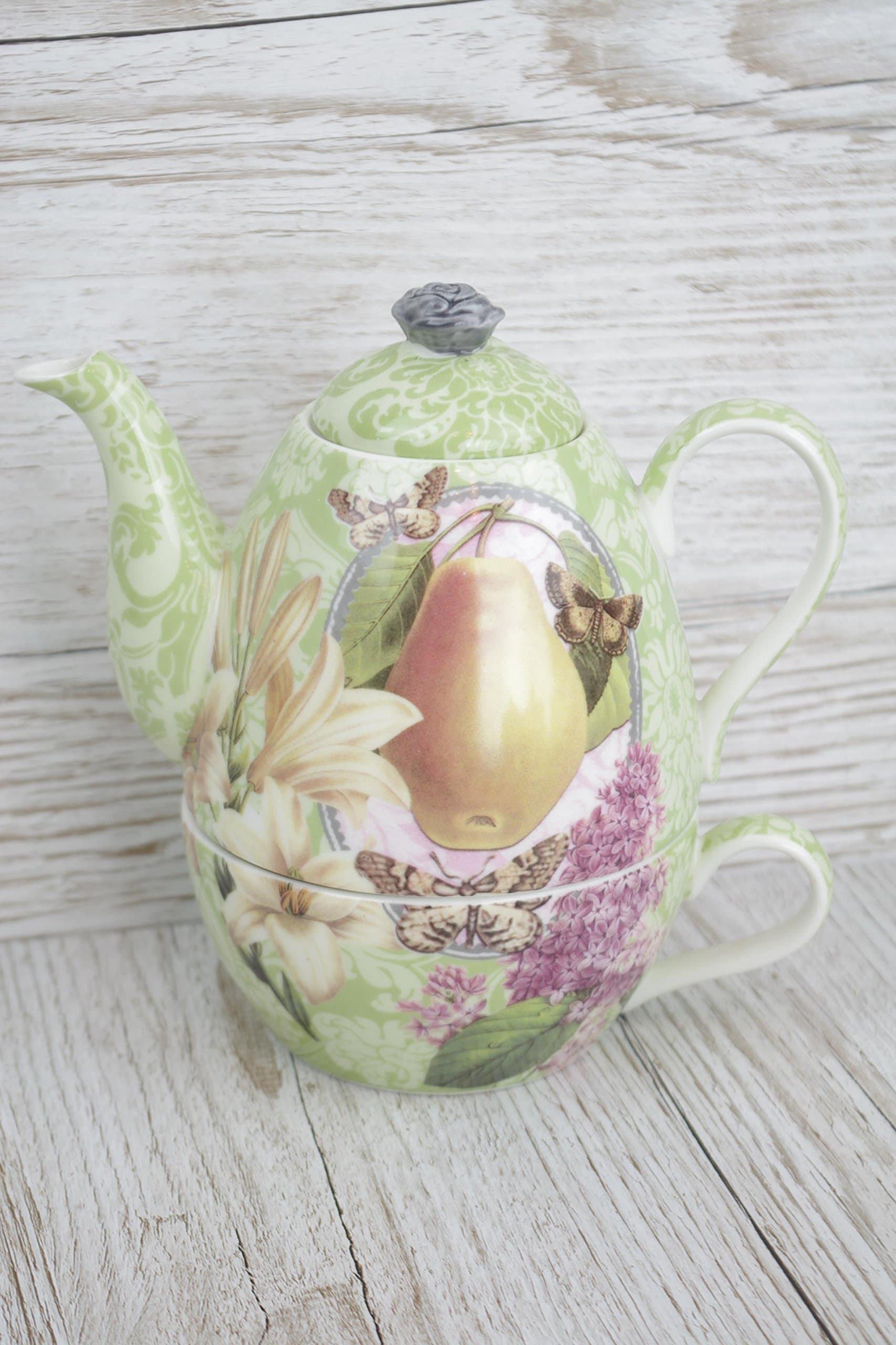 Ceramic Tea for One Fruit and Butterfly Green Design