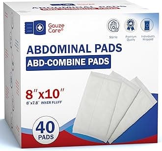 Gauze Care Sterile Abdominal- ABD Combine Pads| 40-Pack, 8x10 Inches| Extra Absorbent & Thick, Individually Wrapped Wound Dressing, First Aid Pads| Surgical-Grade, Nonstick- for Heavy Leakage, Post Op