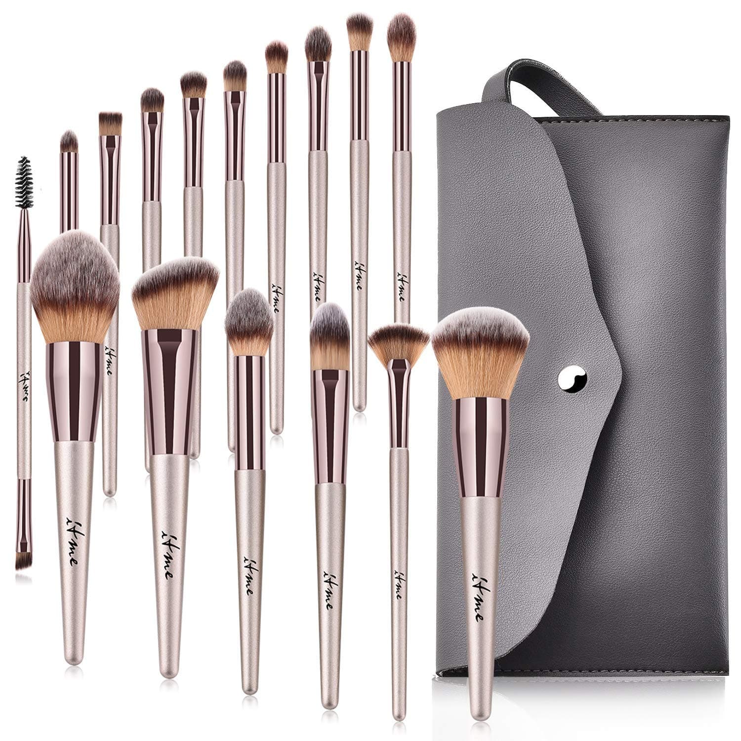 ITME 16Pcs Makeup Brushes with Purse, Upgraded Premium Professional Makeup Synthetic Brushes Sets for Foundation Blending Blush Eye Shadows Brushes (Rose Gold Champagne with Purse)