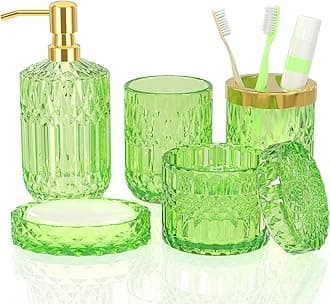 5Pcs Green Bathroom Accessories Set, Glass Soap Dispenser Set with Rust Proof Stainless Steel Pump, Soap Holder, Toothbrush Holder, Tumbler, Cotton Swab Jars, Green Bathroom Decor Sets Gift