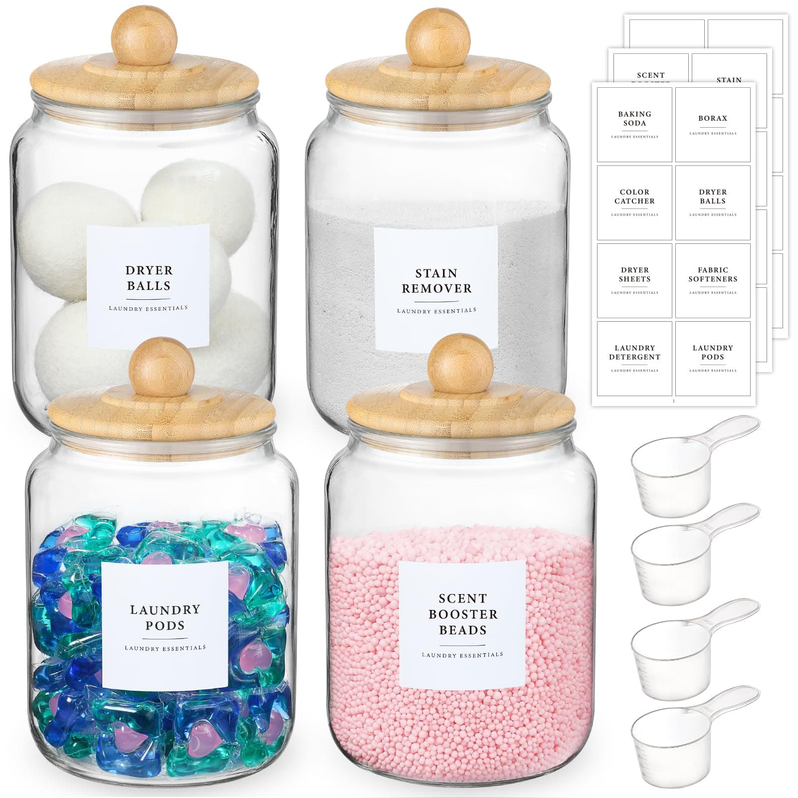 4 Pack Glass Jars with Bamboo Lids and Labels, Glass Containers for Laundry Room Organization and Storage, Half Gallon Airtight Glass jars Holder for Laundry Detergent, Pods, Scent Booster Beads