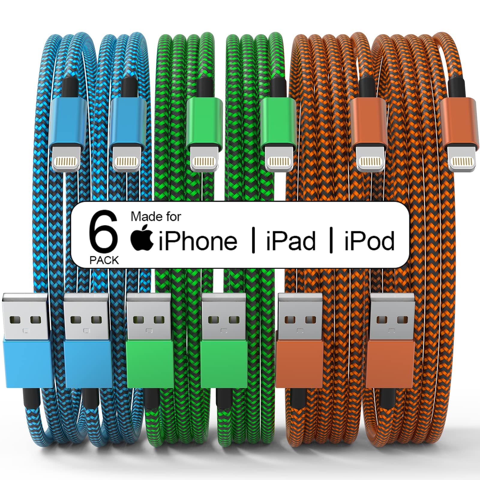 MUXA 6 Pack [Apple MFi Certified] 3/3/6/6/10/10 FT iPhone Charger Colorful Nylon Lightning Cable Compatible iPhone 13 mini/13/12/11 Pro Max/XS MAX/XR/XS/X/8/7/Plus/6S/6/SE/5S/iPad