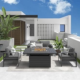 Solaste Aluminum Patio Furniture Set with Fire Pit Table, 4 Piece Metal Outdoor Furniture with Water-Resistant Cushions, Modern Patio Conversation Set for Balcony, Front Porch, and Backyard, Grey