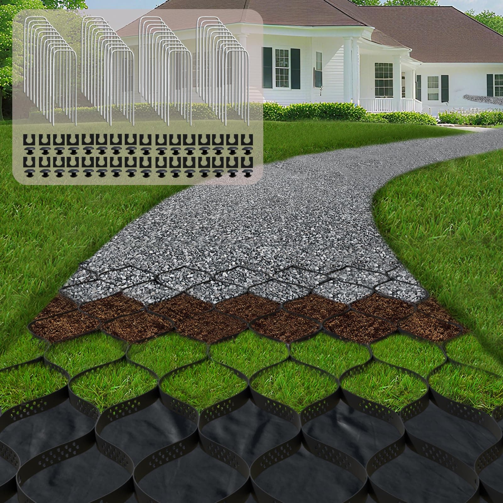 2" Thick Gravel Ground Grid 13ft x 33ft - Geo Grid Driveway Stabilization Grids, Gravel Retainer Grid 1885 LBS Per Sq ft, Geocell Geogrid for Walkway Driving RV Parking Slopes and Garden