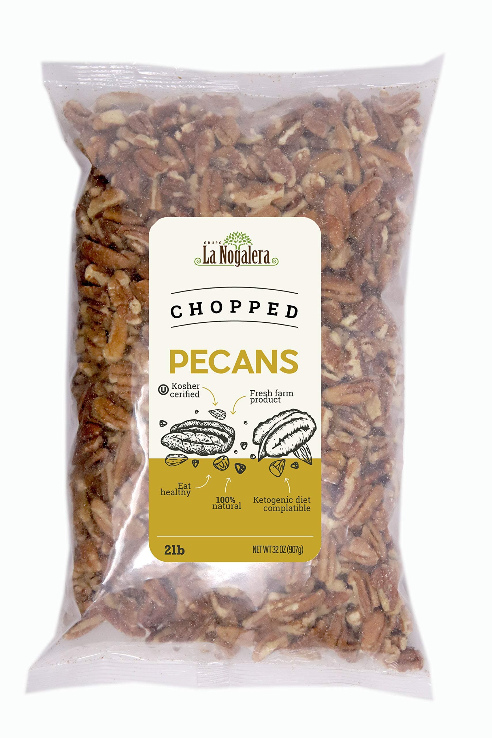 La Nogalera - 2 lbs Chopped shelled pecans. Raw pecan nuts, NO SHELL, Non-GMO, No Preservatives, Unpasteurized, Kosher and Halal Certified and Ketogenic friendly