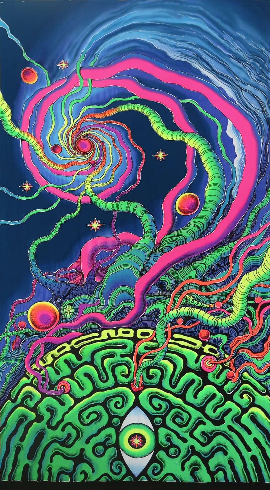 Psychedelic Tapestry 'Synaptic Spiral' - Hand-Painted & Silkscreen Batik Wall-Hanging - UV Active Wall-Hanging -Trippy Wall Art - Black Light Active - Trippy Fantasy Tapestry