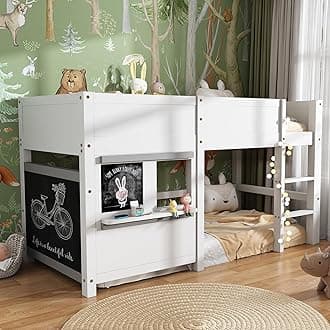 – Merax Kids Bed Household, Toddler Bed Frames with Stairs, Bunk Beds for Kids, Cabin Bed with Small Shelf and 2 Blackboards, Mid Sleeper Beds with Slatted Frame and Fall Protection, 90 X 190 cm, White