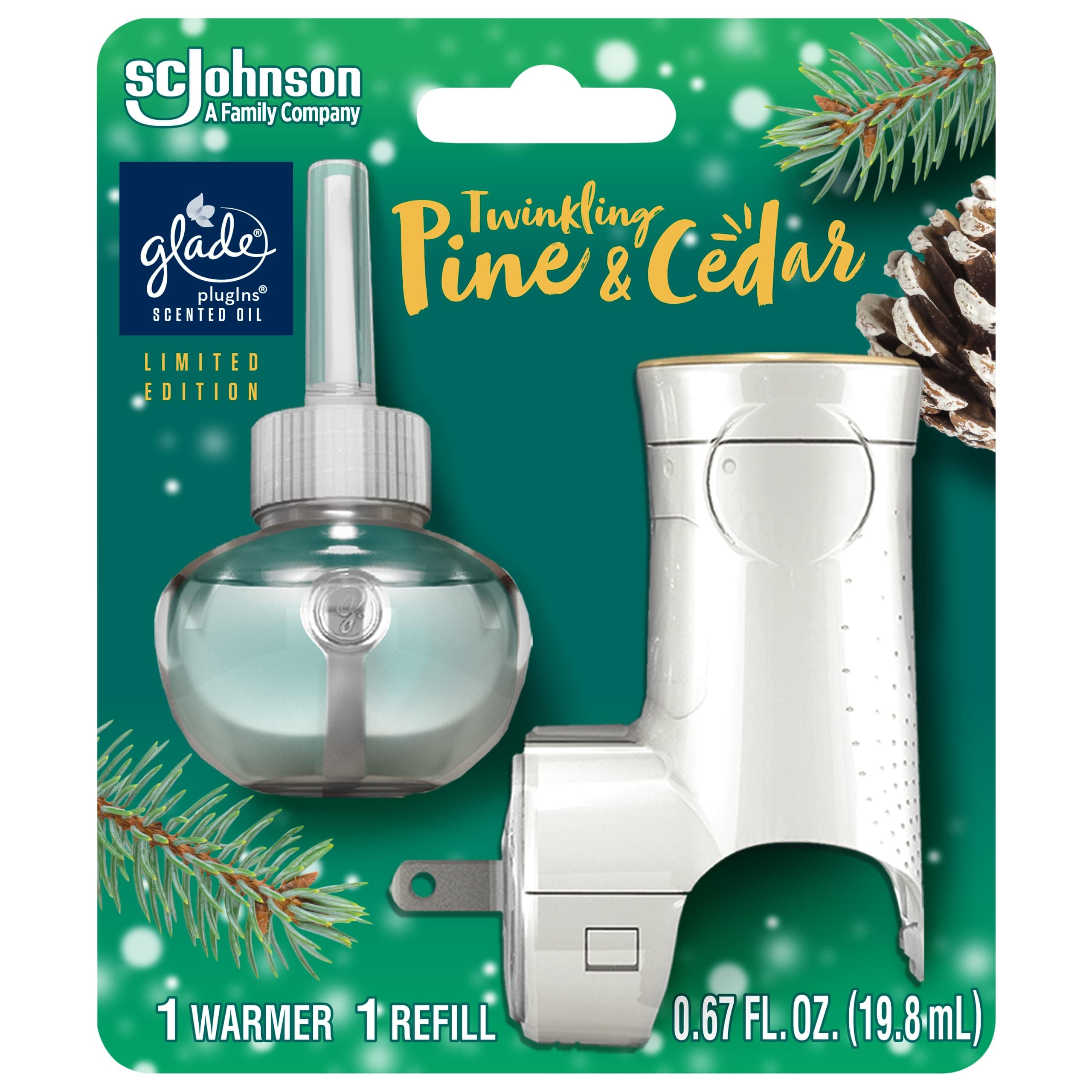 PlugIns Refills Air Freshener Starter Kit, Scented and Essential Oils for Home and Bathroom, Twinkling Pine & Cedar, Limited Edition Scent, 0.67 Fl Oz, 1 Warmer + 1 Refill