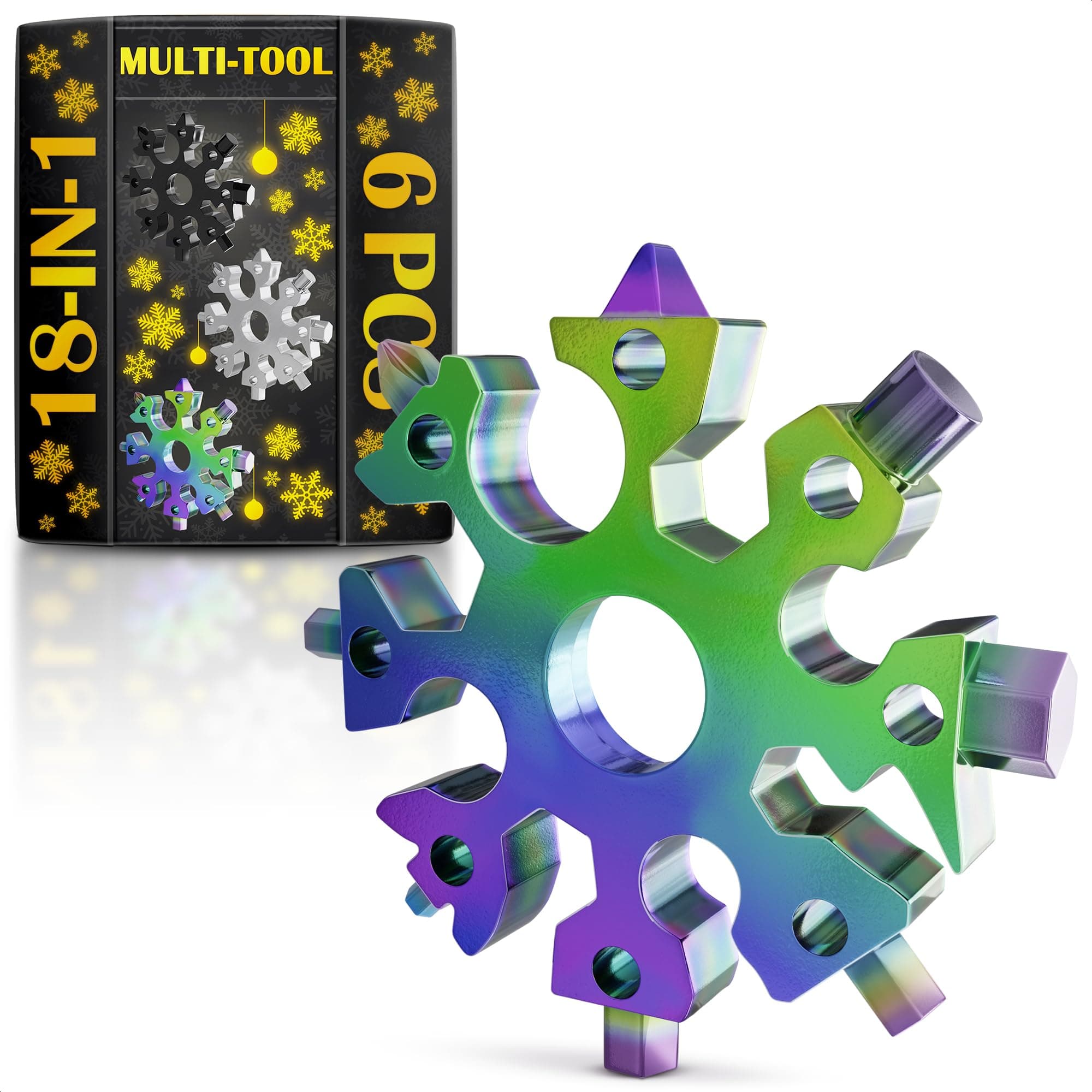 KETAR 6 PCS 18-in-1 Stainless Steel Snowflake Multi-Tool Portable Keychain Screwdriver Bottle Opener Tool for Outdoor Camping - Bicycle Multitools Cool Gadgets Gift Idea (Silver, Multicolor, Black)