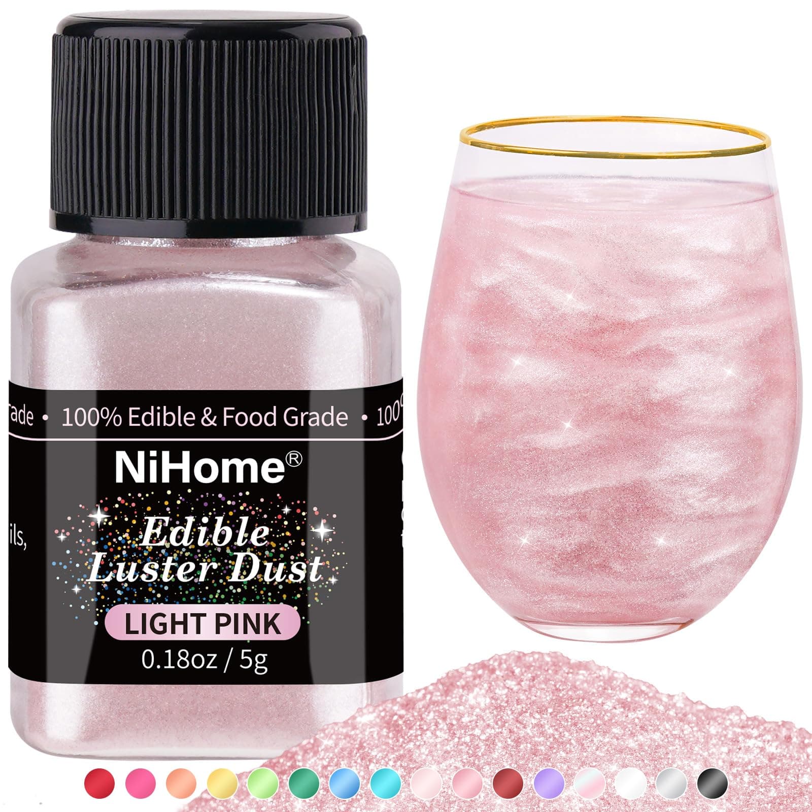 NiHome Edible Luster Dust Glitter Powder Metallic Food Decorating Sprinkle Glimmery Brew Dust for Drink Wine Beverage Cake Dessert Home Bakery Restaurant Vegan Allergen-Free (Light Pink, 5g/0.18oz)