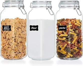 78oz Glass Food Storage Jars with Airtight Clamp Lids, 3 Pack Large Kitchen Canisters for Flour, Cereal, Coffee, Pasta and Canning, Square Mason Jar with 8 Chalkboard Labels