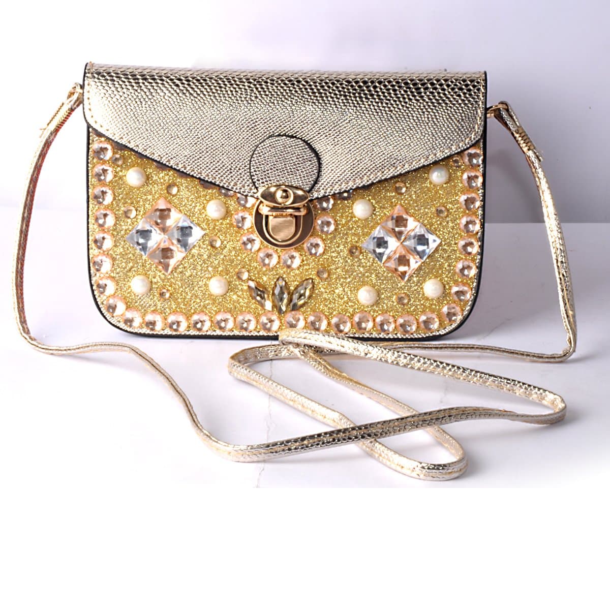 Deepfox iPhone 6/6s Plus Phone Bag, Cross-Body PU Leather Pounch Flip Cover [Diamond Lattice Design] with Long Strap for Apple iPhone 6 6s Plus, Samsung Galaxy S6 S7, Note 5/4 (Gold-Horizontal)