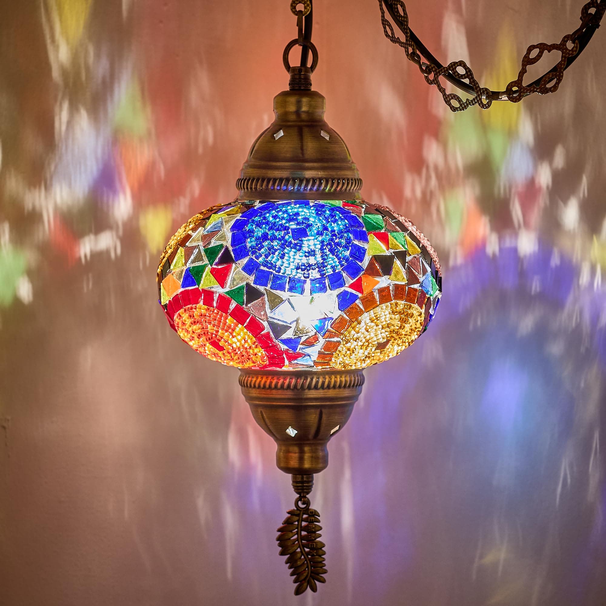 DEMMEX Authentic Turkish Plug In Chandelier Large Globe 6.5" Made in Turkey Turkish Moroccan Mosaic Ceiling Pendant Light with 15ft Cord and Chain