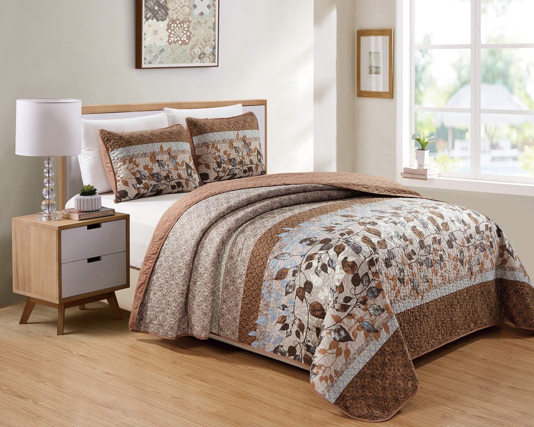 Better Home StyleBrown Taupe Beige Rust & Accent Slate Blue Modern Floral Luxury Lush Soft Flowers Motif with Leaf Leaves Design Quilt Coverlet Bedspread 3 PC Quilt Set # Kimberly (Full/Queen)