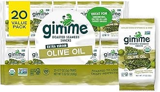 Gimme Seaweed Organic Premium Roasted Seaweed Snacks, Extra Virgin Olive Oil, 20 Count, Keto, Vegan, Gluten-Free, Great Source of Omega3s and Iodine, Healthy On-The-Go Snack for Kids and Adults