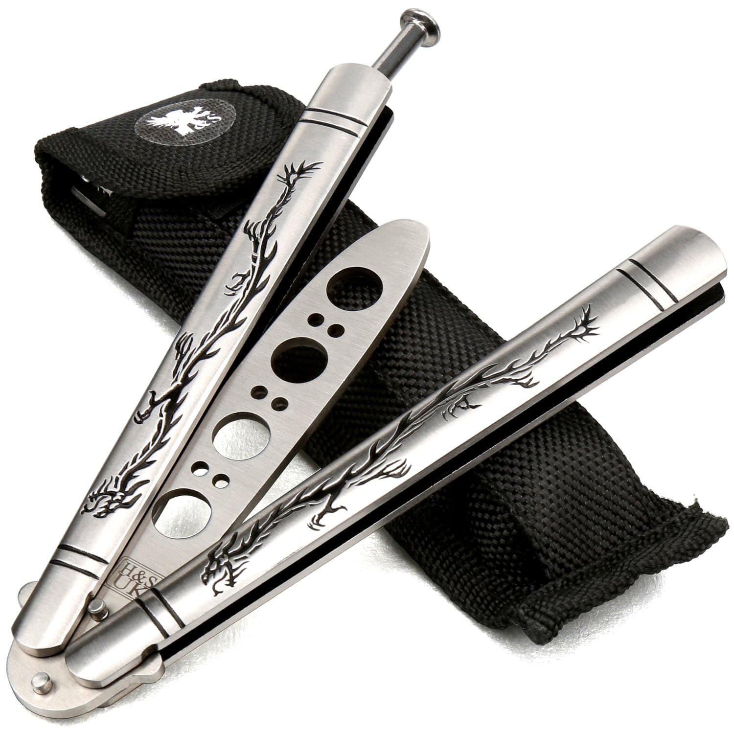 H&S Practice Butterfly Knife Trainer - Dragon Design with Blunt Blade - Balisong Trainer Knife - Only for Training - Can't Be Sharpened - Made From Stainless Steel - Not Real Blade