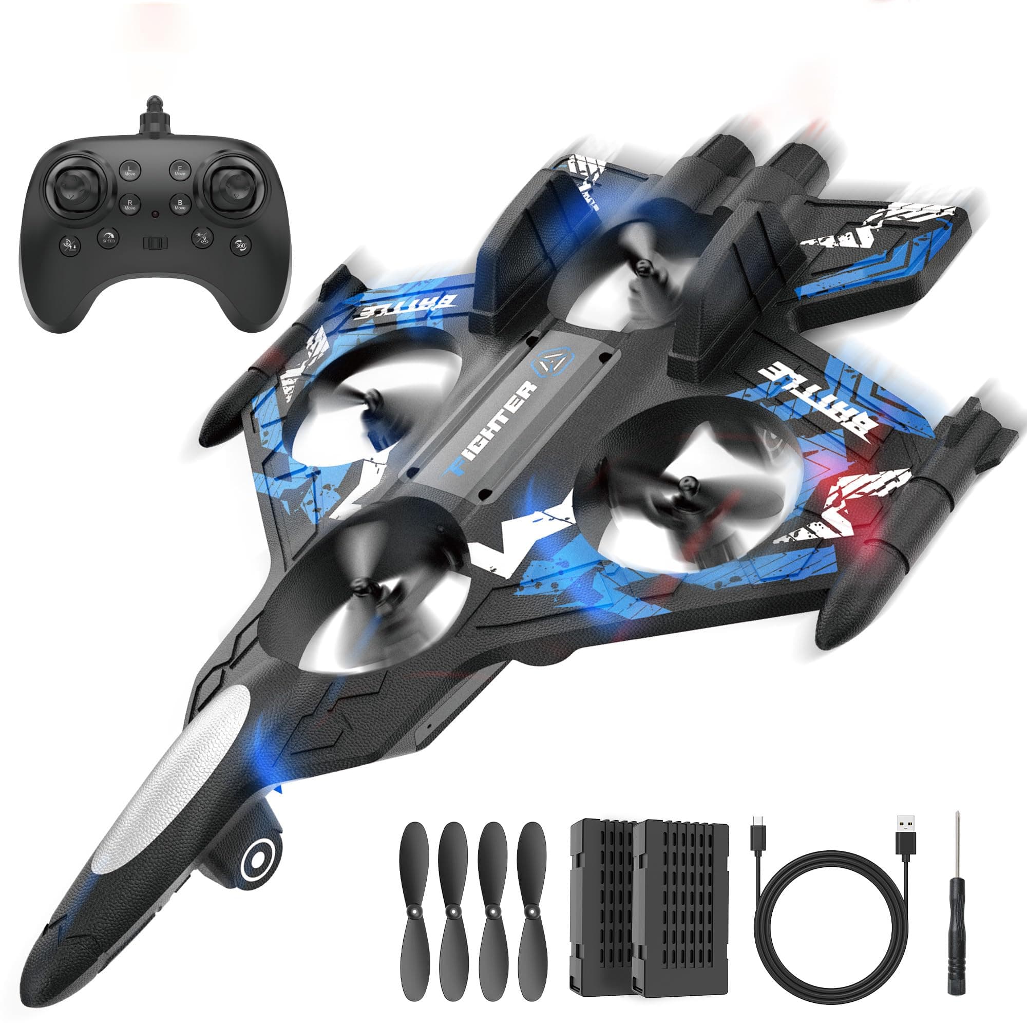 BEZGAR RC Plane | 2.4GHZ Remote Control Airplane, Mini Stunt Plane Helicopter, 360° Flip Fighter Jet Toy with Colorful LED Navigation Lights Blue, Toys for ages 8-13