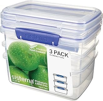 KLIP IT Food Storage Containers | 1 L | Stackable Food Prep Container with Clip-Close Lids | BPA-Free | Blue Clips | 3 Count