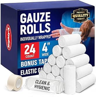 24 Gauze Rolls - 4" x 4.1yd - Soft and Breathable Rolled Gauze - Latex-Free Premium Individually Wrapped Bandages with Bonus Tape - First Aid Conforming Stretch Wrap for Wound Care - Vet Wrap