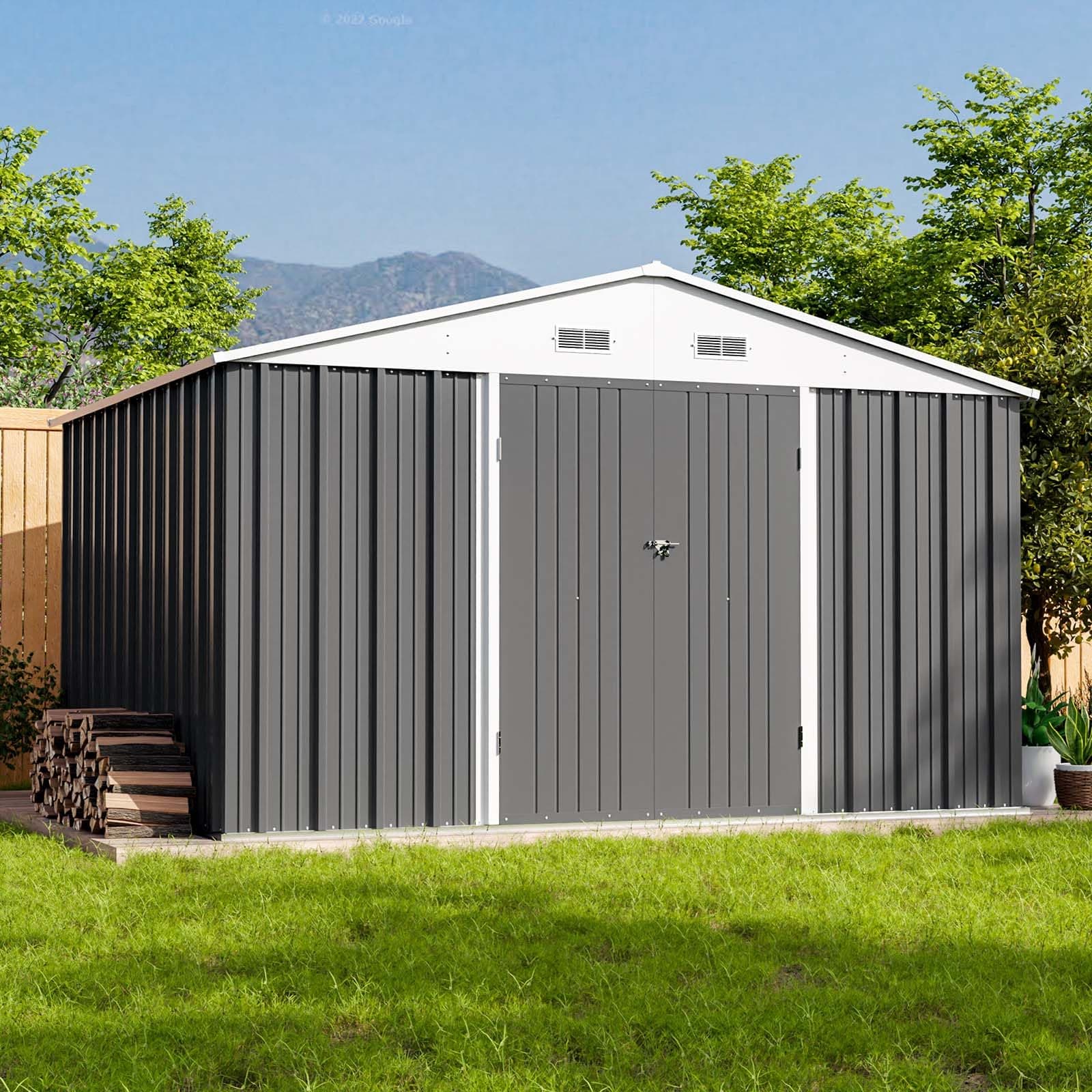 10 x 8 FT Outdoor Storage Shed, Large Garden Tool Metal Shed with Sloping Roof and Double Lockable Door, Outdoor Shed for Backyard Garden Patio Lawn,Grey
