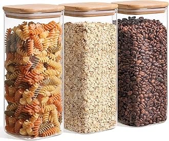 ComSafComSaf 1.8L Glass Storage Containers with Lids, Glass Jars with Bamboo Lids, Clear Square Food Storage Jar Set of 3, Pantry Organizers and Storage for Flour Rice Pasta Tea Coffee Bean