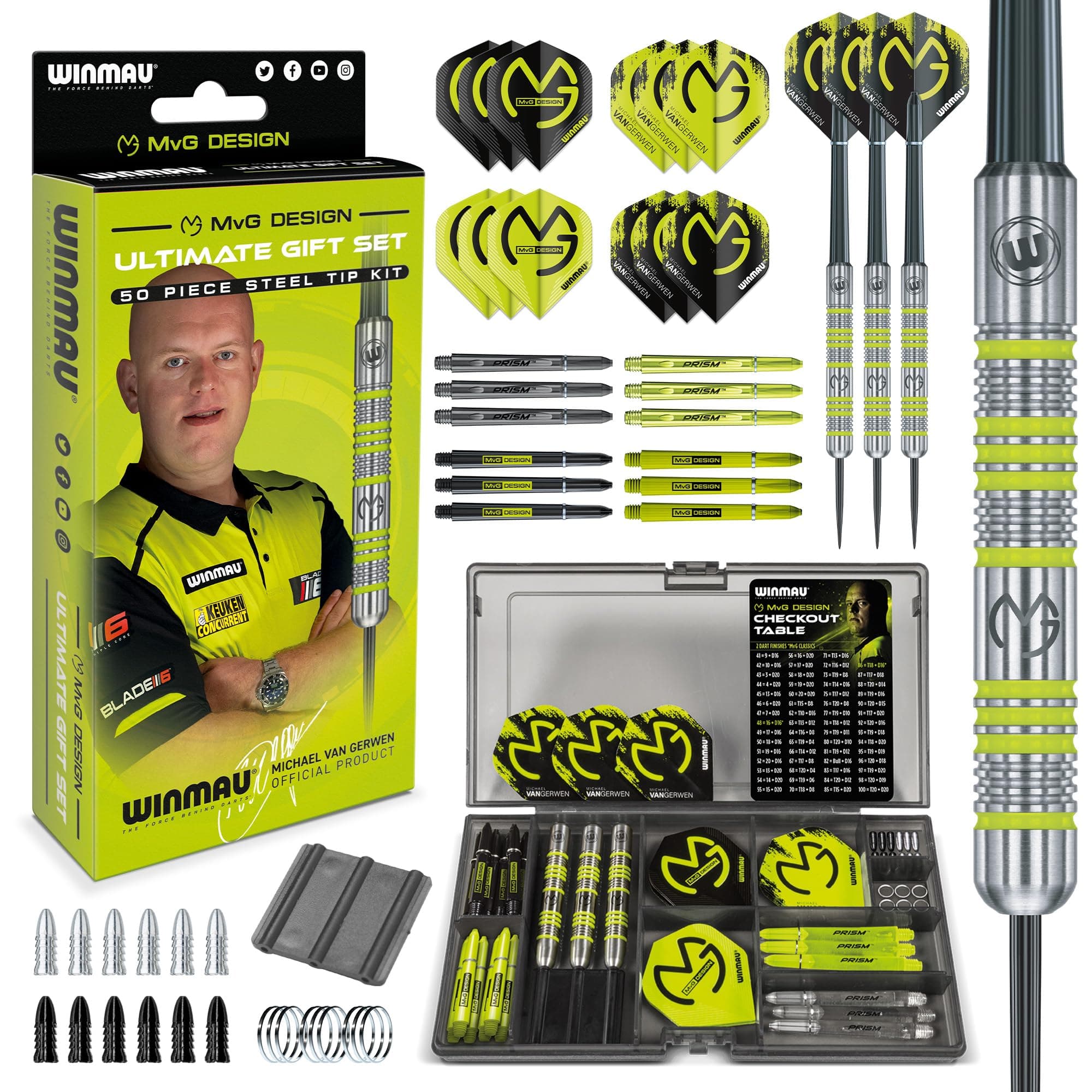 Winmau Michael Van Gerwen MvG Gift Set - 50 Piece Dart Set, 4 Shafts and 4 Flight Set with Accessories