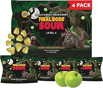 Final Boss Sour Candy, Green Apple, 4 Pack, Level 4, Extreme Sour Fruit Chews with Real Dried Fruit, No Artificial Colors or Flavors, Low Calorie Snack for Kids, Teens, Adults, Lunch Boxes