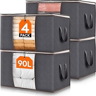 Lifewit 90L Large Capacity Clothes Storage Bag Organizer with Reinforced Handle Thick Fabric for Comforters, Blankets, Bedding, Foldable with Sturdy Zipper, Clear Window, 4 Pack, Grey