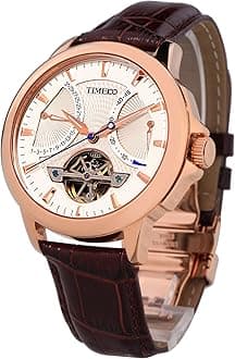 Men's Automatic Watch Navigator-Series Tourbillon-Style Dual Time Zone Business Calendar Mechanical Watch Leather Strap