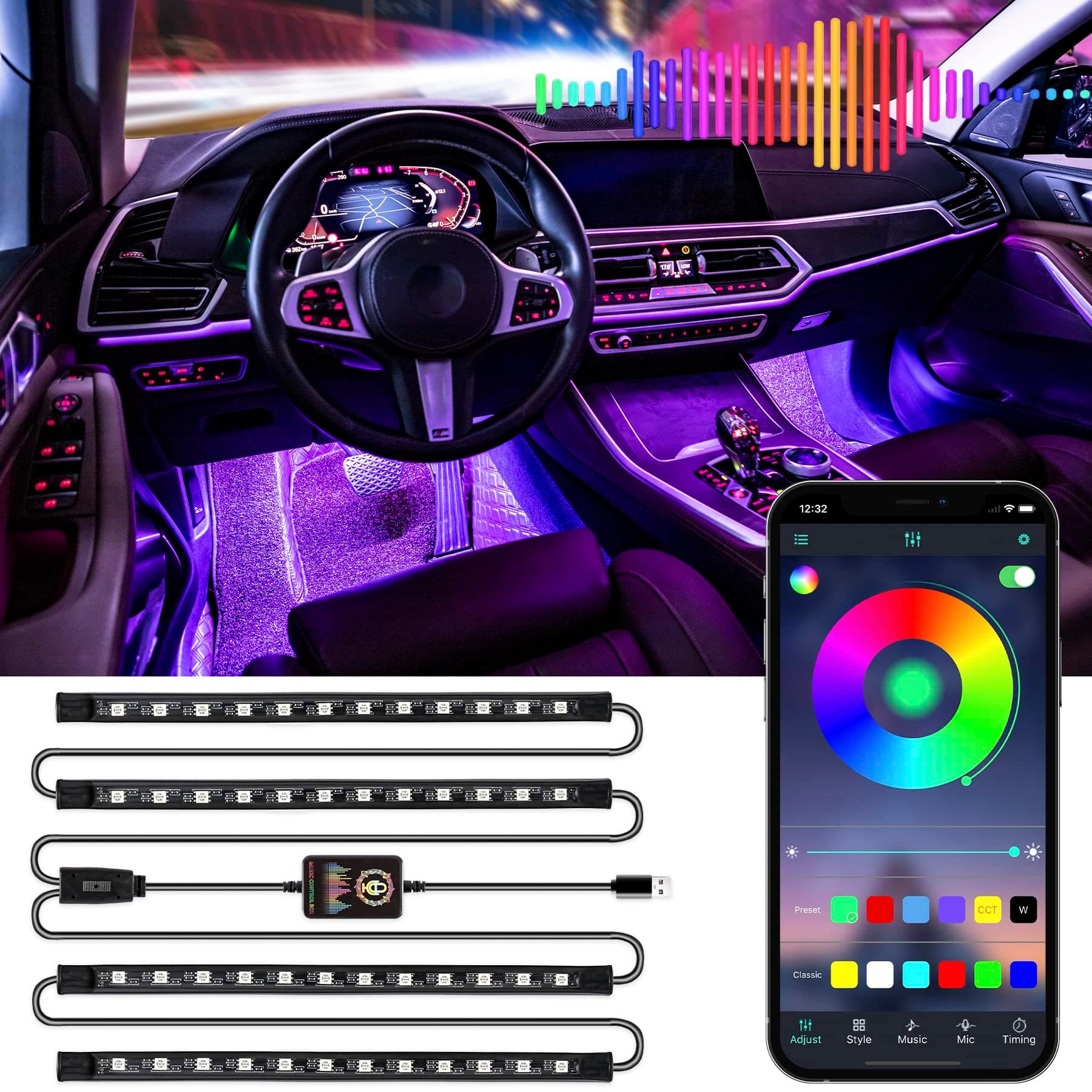 LivTee Neon Light Tubes, Smart Car Interior Lights with App Control, RGB LED Lights with Music Mode and DIY Mode, 2 Lines Design LED Lights for Cars with Charger, Car Accessories for Women