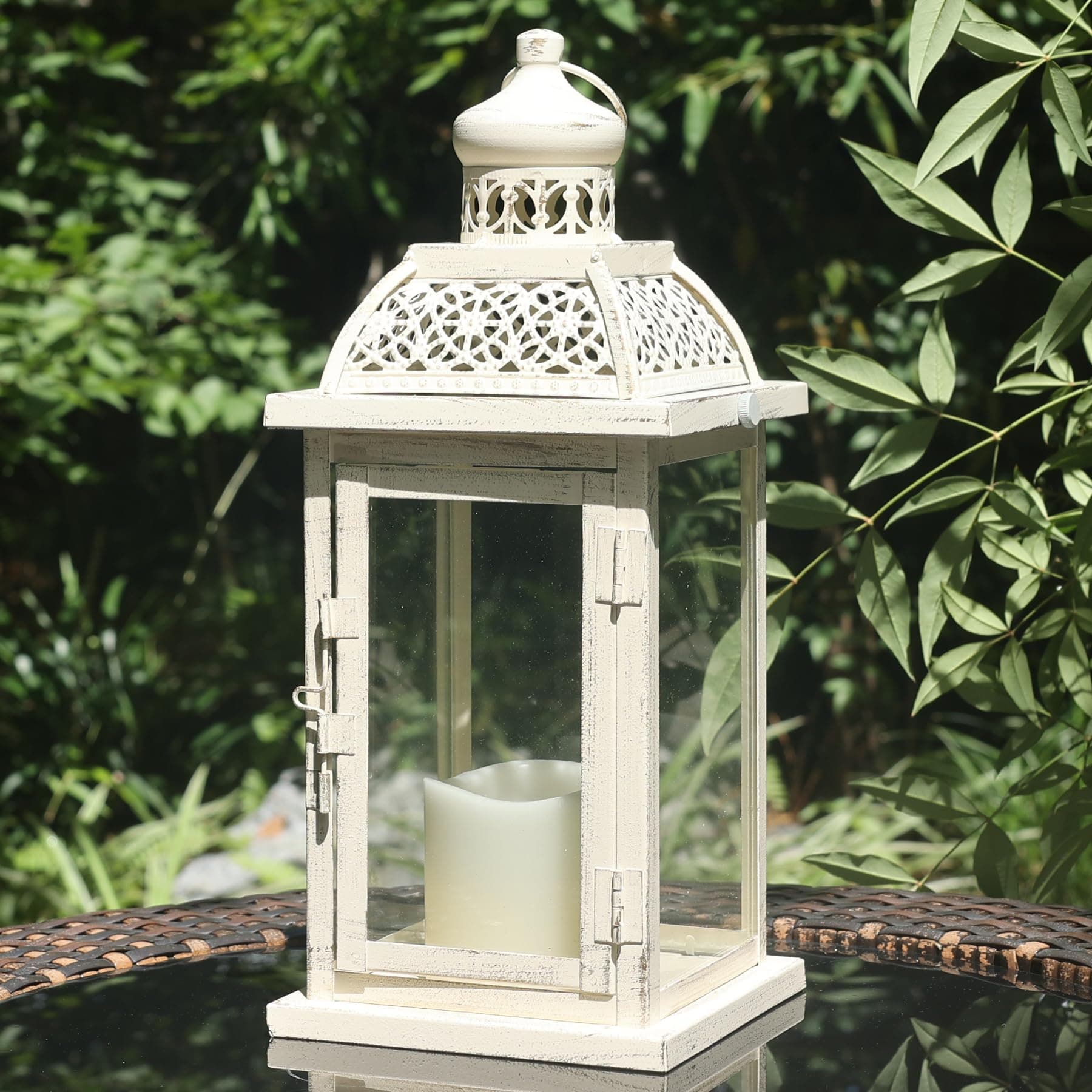 Large Candle Lantern Decorative, 14.4'' Outdoor Summer Lanterns with Clear Glass, Vintage Metal Candle Holders Farmhouse Shelf Wedding Thanksgiving Patio Decor, Gifts for Family
