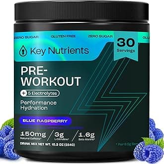 KEY NUTRIENTS Pre Workout Powder with 5 Electrolytes - Blue Raspberry No Sugar - 150mg Caffeine, L-Citrulline, Beta Alanine, L-Tyrosine - Natural Preworkout for Men & Women (30 Servings)