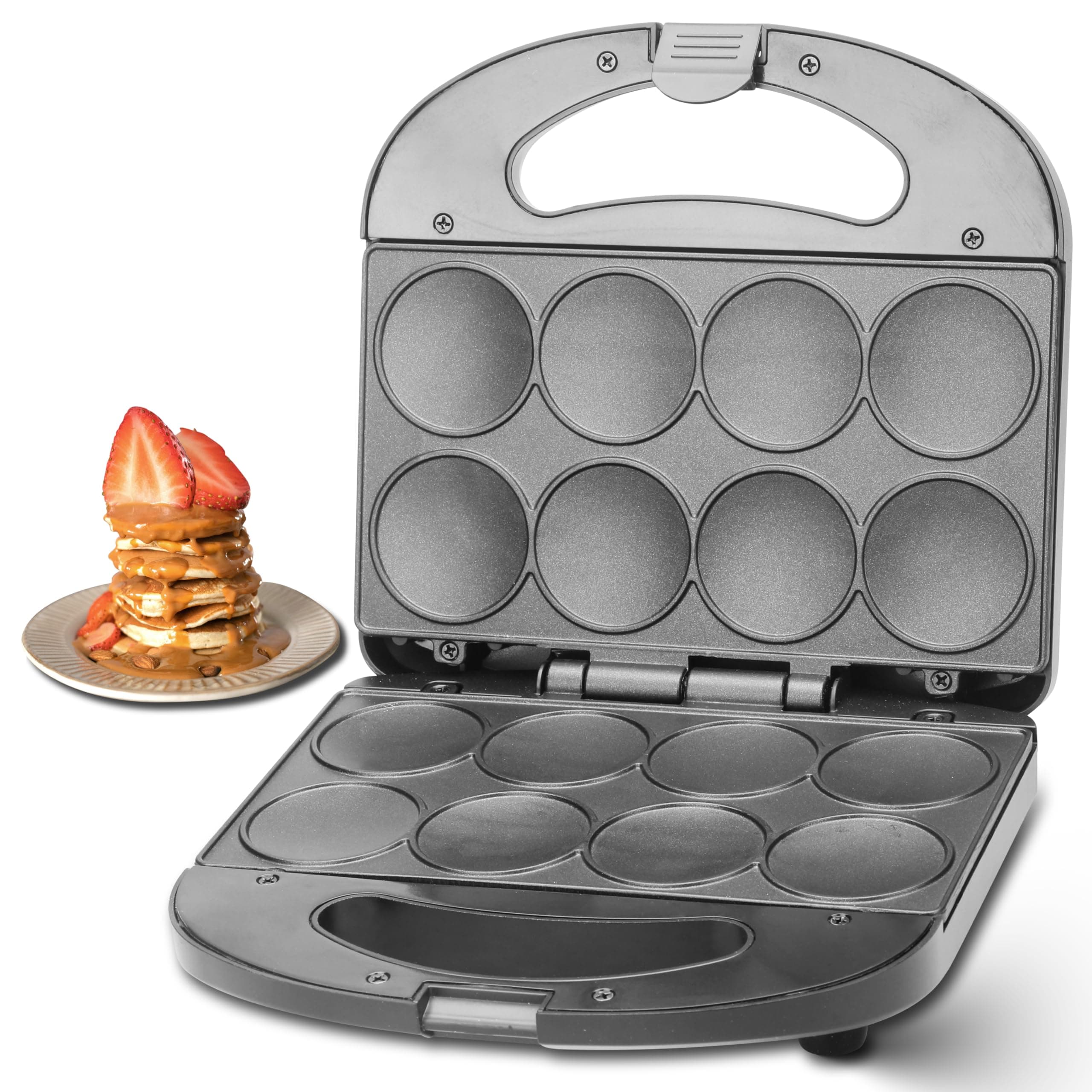 Mini Pancakes Maker Machine with Non Stick Plates, Small Pancake Griddle, Makes 8 x 2” Tiny and Flat Pancakes, Ideal for Breakfast, Snacks, Desserts and More