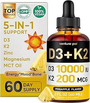 Venture Pal 5-in-1 Vitamin D3 10000 IU & K2 as MK-7 200mcg with Magnesium, MCT Oil, Zinc, Sugar-Free Vitamin D Liquid |Maximum Absorption for Bone, Mood & Immune Health - 2 FL OZ, 66 Days