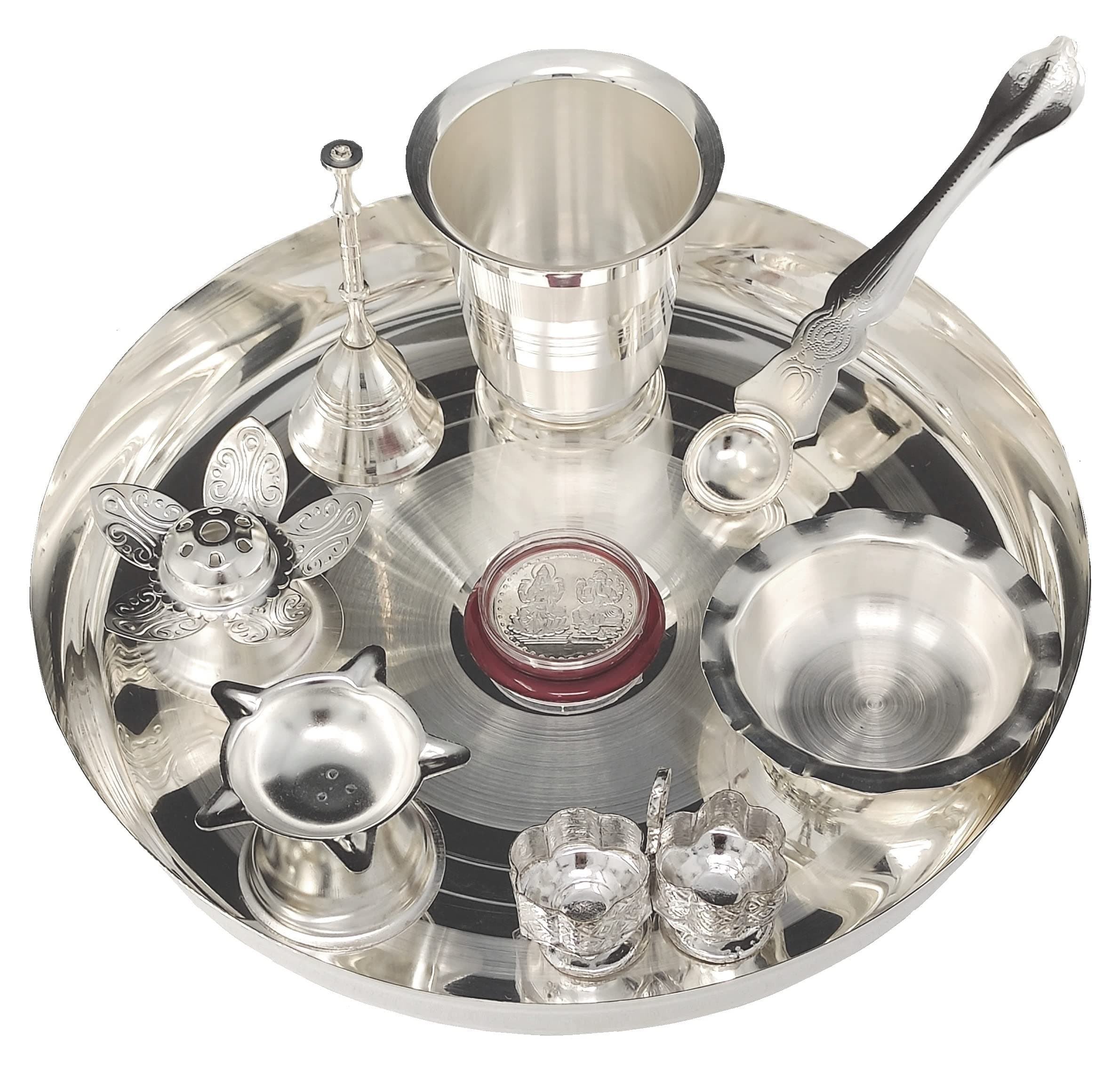 BENGALEN Pooja thali Set Silver Plated with 8 Inch Plate Glass Bowl Agarbatti Stand Palli Diya Kumkum Stand Coin Ghanti Puja Thali for Diwali Home Mandir Office Wedding Return Gift Items