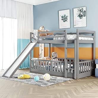 Bellemave Twin Over Twin Floor Bunk Bed with Slide and Ladder, Low Bunk Bed for Kids, Girls, Boys, Removable Fence, Gray