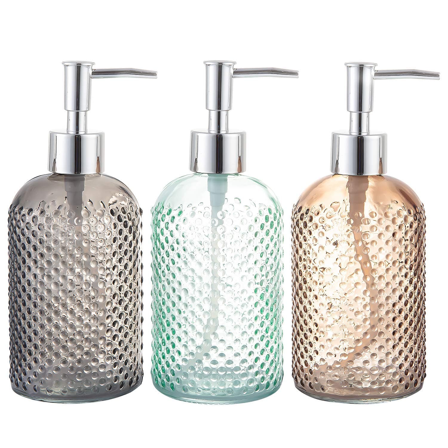 3 Pack Assorted Glass 15 Ounce Lotion Soap Dispenser Bottle with Pump for Bathroom, Kitchen