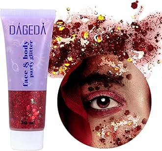 DAGEDA Body Glitter Gel, Face Glitters Body Gel Sequins Shimmer Liquid Eyeshadow, Chunky Glitter for Face Hair Nails, Holographic Cosmetic Laser Powder Festival Glitter Makeup 50ml(Red)