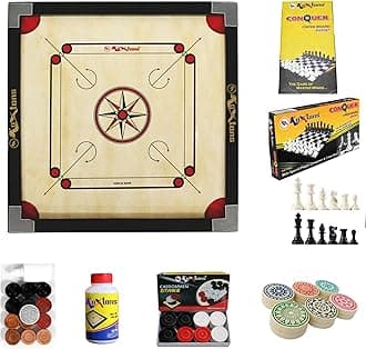 Carrom Board 28 INCH Medium Size Cut Pocket with 1.5" Border & 4 mm Ply (Premium) with STRICKER & Accessories and Vista 14 INCH Chess Conquer Gift Set
