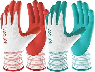 COOLJOB 10 Pairs Gardening Gloves for Women Ladies, Breathable Rubber Coated for Yard Garden, Outdoor Indoor Protective Work with Grip, Medium Size, Red & Green