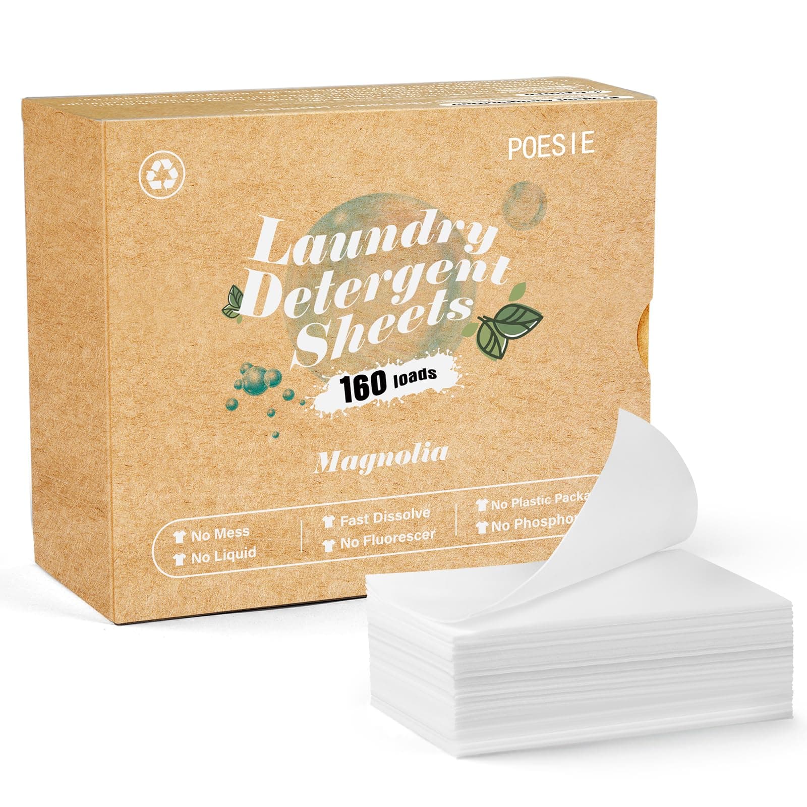 Poesie Laundry Detergent Sheets Magnolia Scent 160 Sheets 80 Large Loads Liquidless Effective Cleaning Zero Waste for All Washing Machine Traveling Dorm Life Save Space