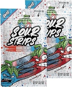 Sour Strips Flavored Sour Candy Strips, Deliciously Sour Chewy Candy Belts, Vegetarian Candies, 2 Pack (Doubleberry (2 Pack))