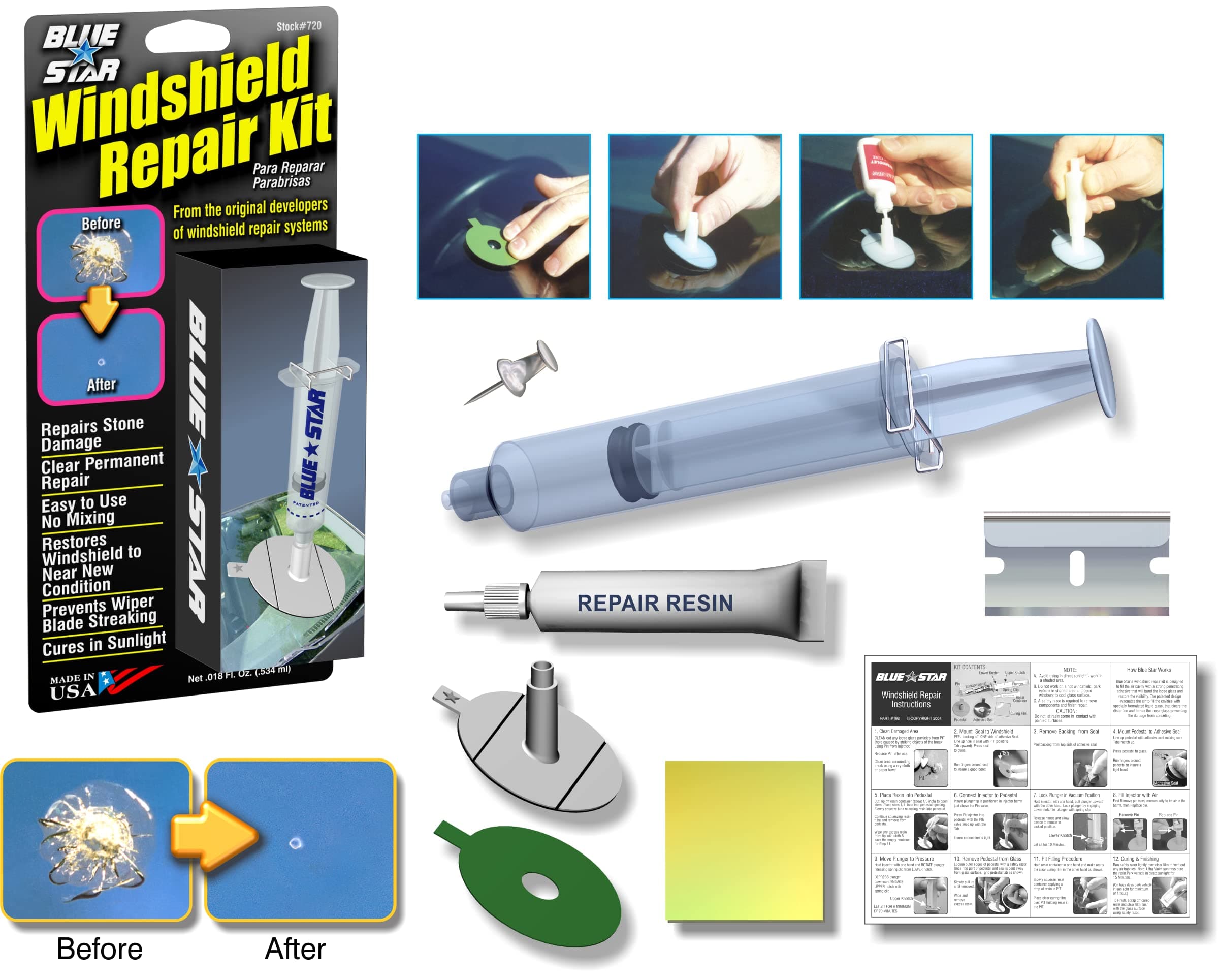 Blue Star Windshield Do It Yourself Windshield Repair Kit Resin, Glass Repair KIT Stone Damage CHIP Model # 777 Prevent Stone Damage Repair, Autoglass Chips and Cracks. Made in USA